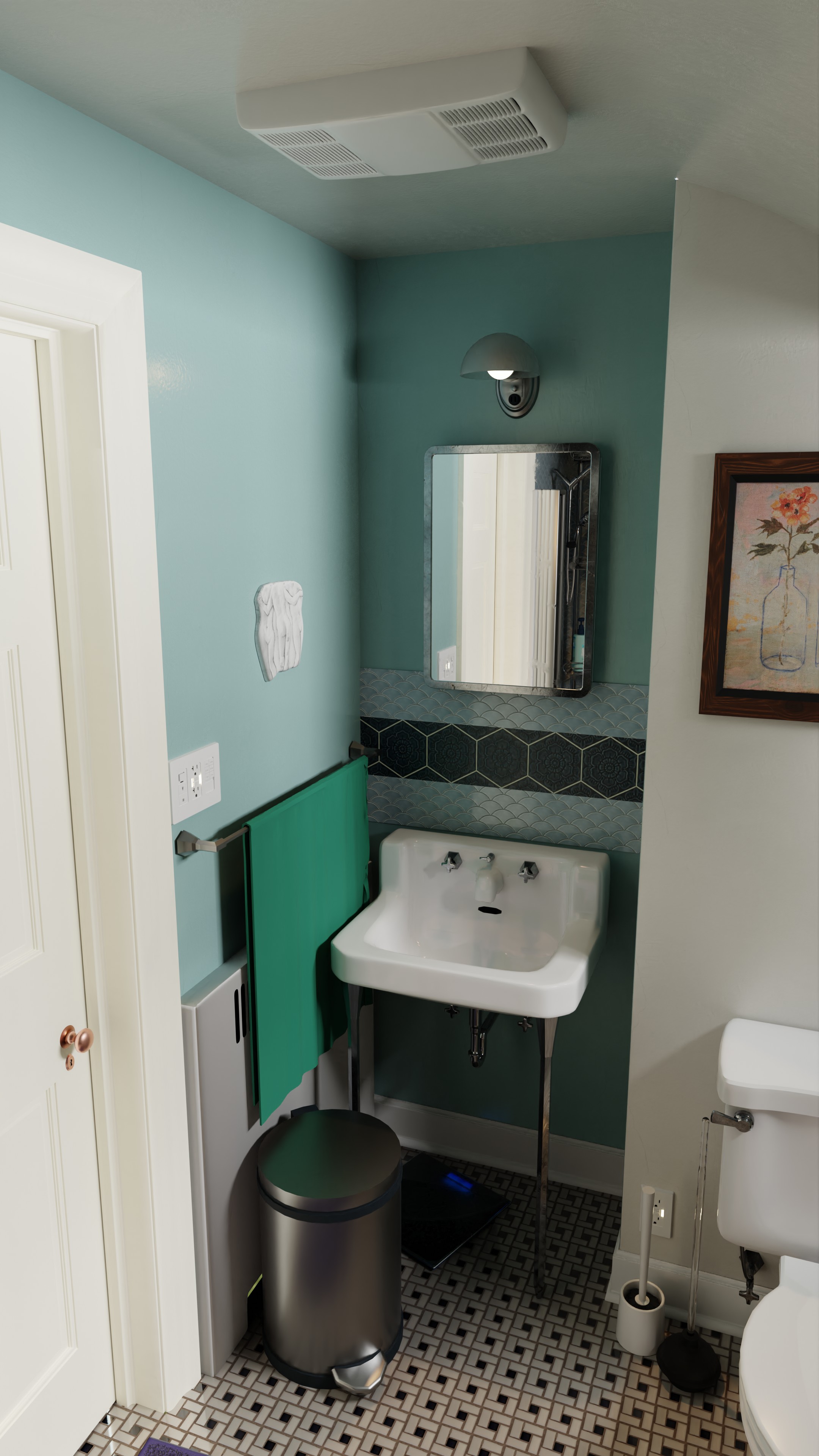 An interior scene of a bathroom in a historic home.